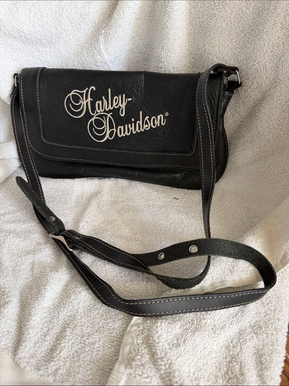 Harley-Davidson Black Leather Crossbody with White Script